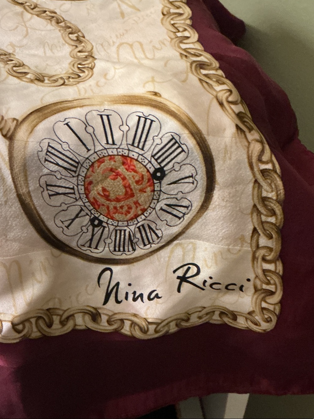 Nina Ricci Cream Silk Scarf Gold Chain Burgundy Border Pocketwatch Print EUC - Picture 3 of 5